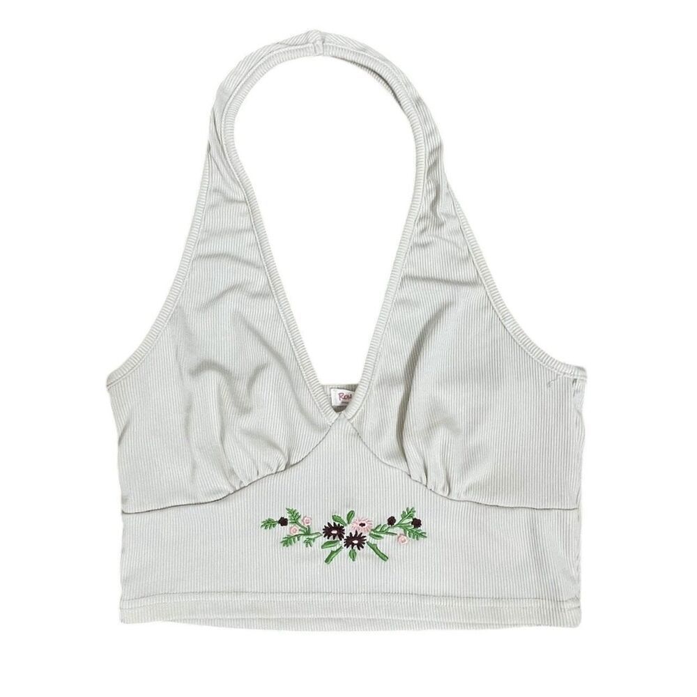 Romwe Ribbed Halter Crop Top Floral Embroidery Size M